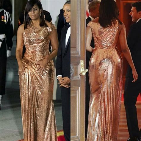 michelle obama gold dress versace|Michelle Obama Dazzles in Rose Gold Gown at Final State .